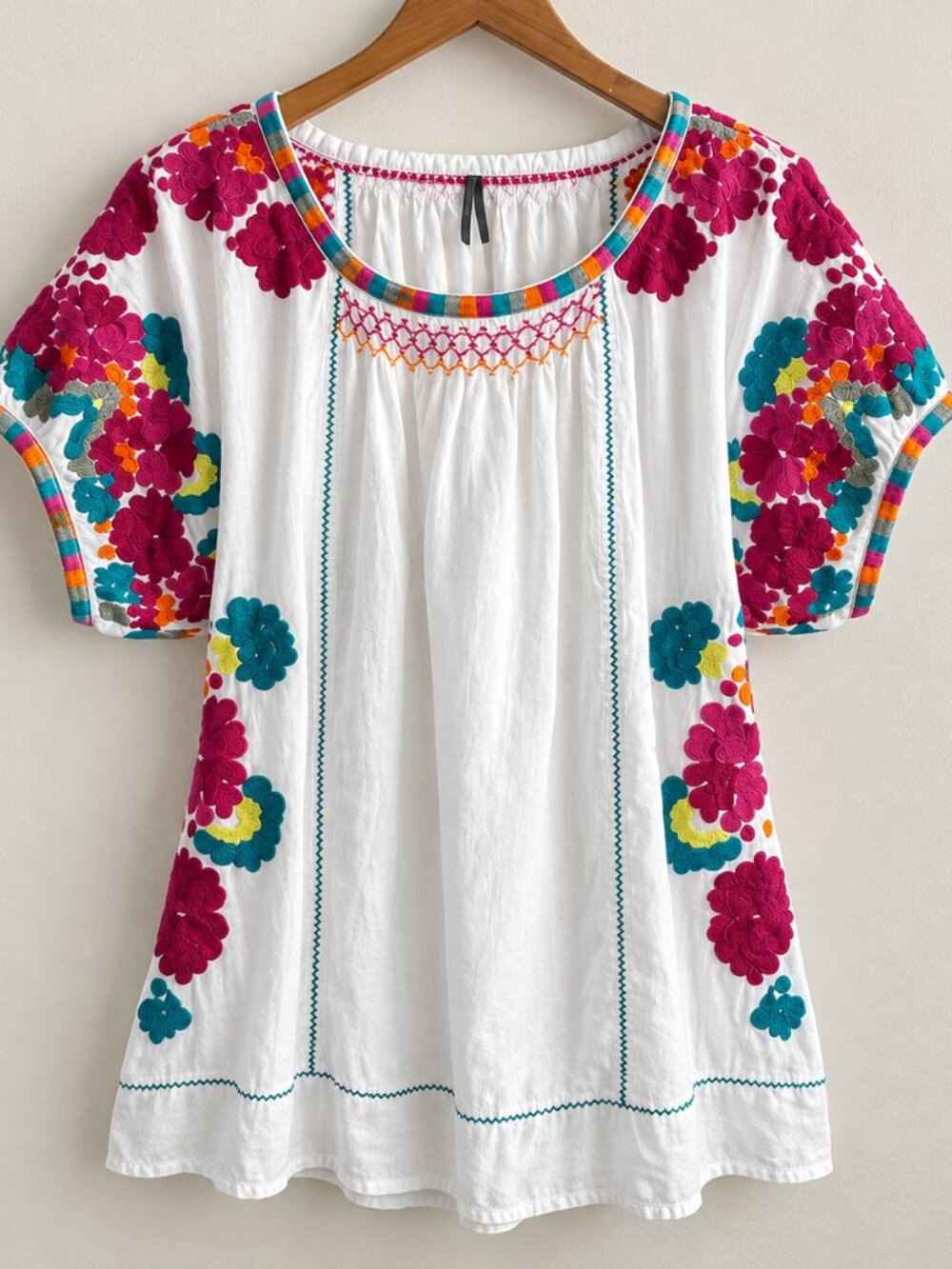 Anthropologie Embroidered Short Sleeve Cotton Tunic Top M White Boho Floral Peas